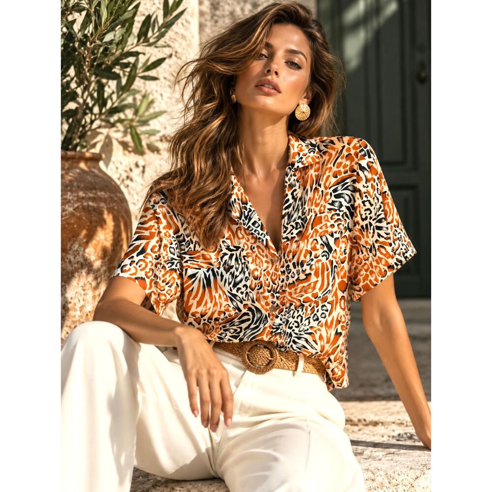 Vintage 80s Jordan Petite Animal Print Blouse Orange Black Leopard Button Front - Picture 1 of 6